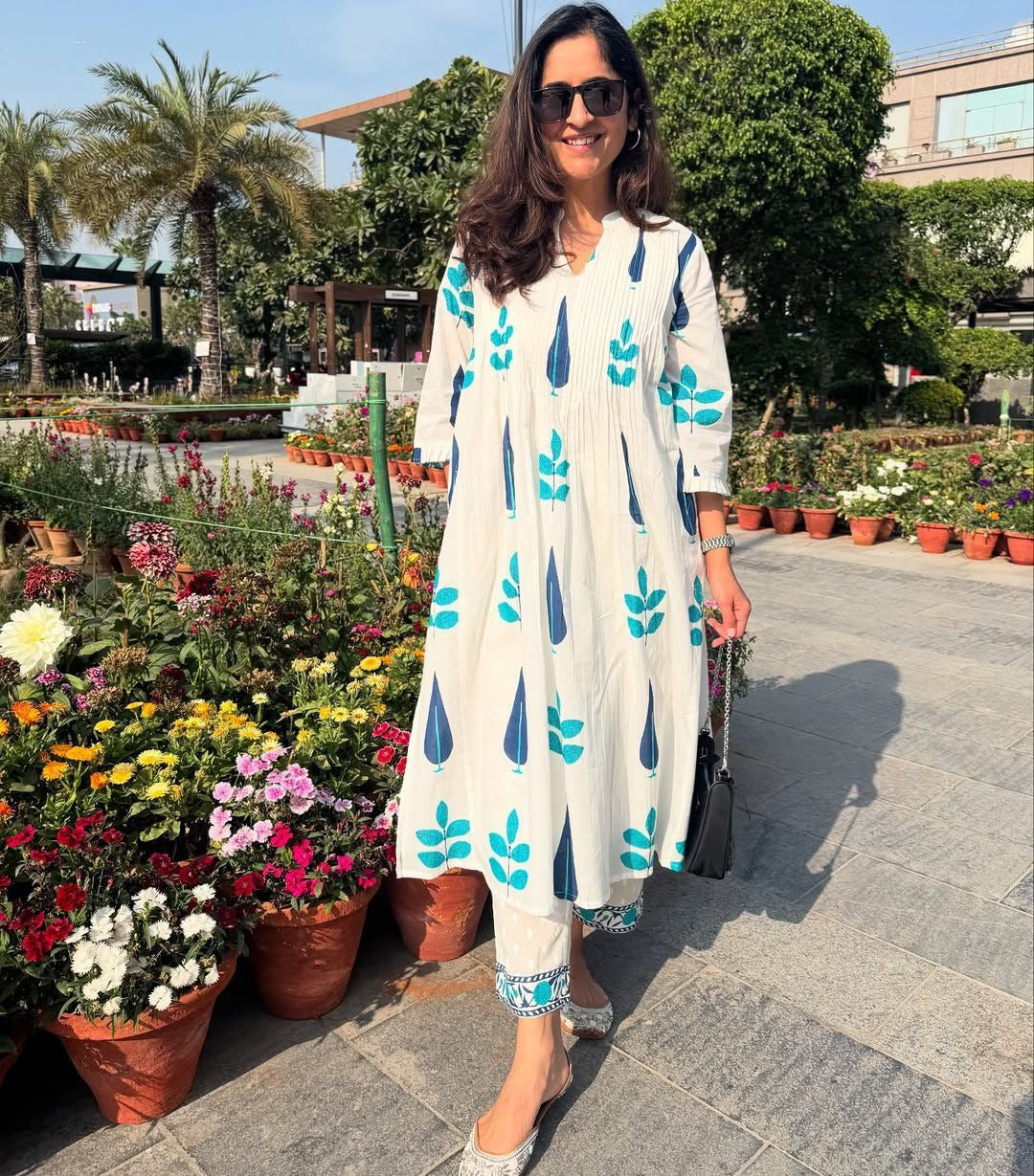 White Women Block Print Pure Cotton Aline Kurta With Pocket And Pant Best For Summer