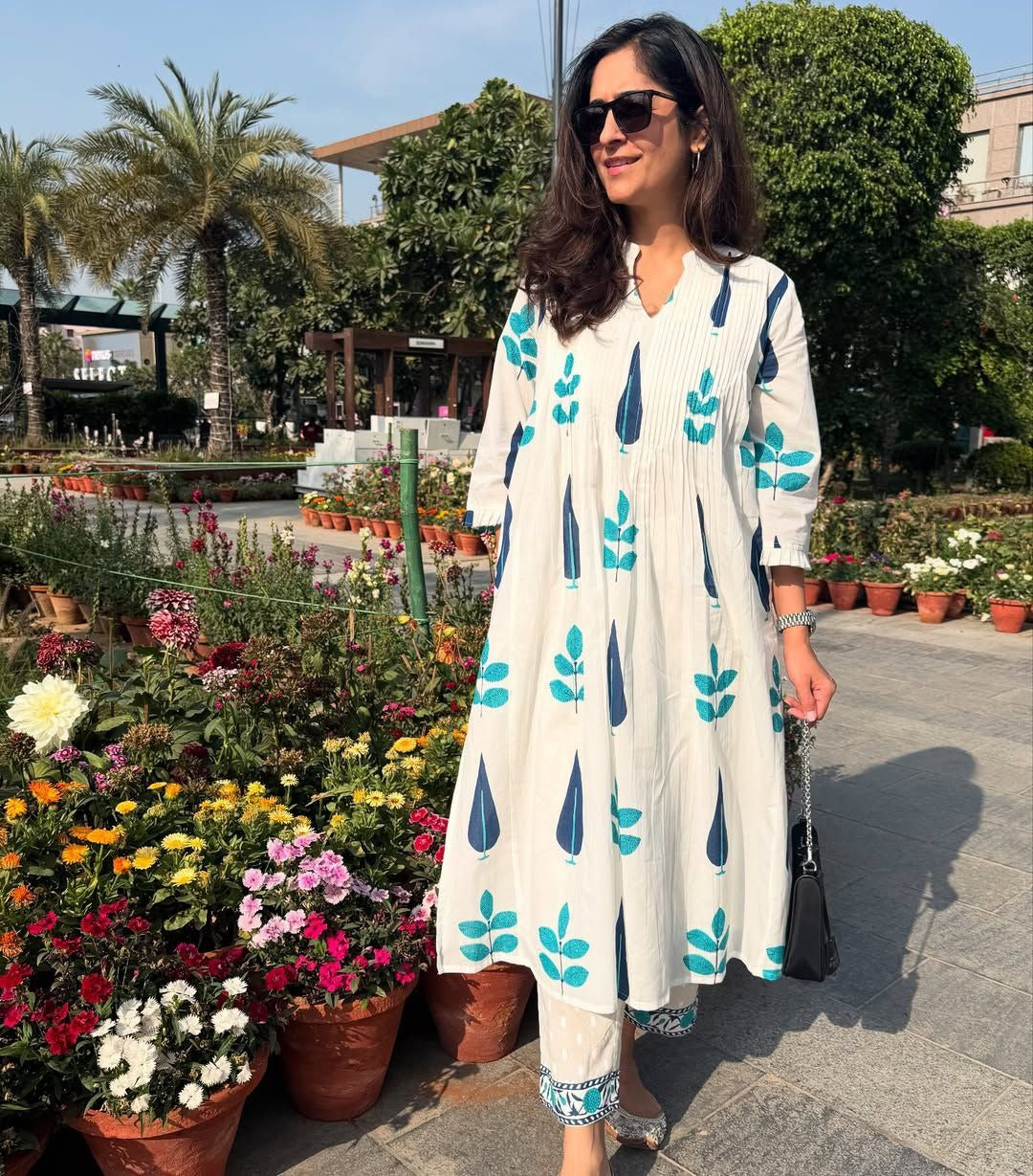 White Women Block Print Pure Cotton Aline Kurta With Pocket And Pant Best For Summer