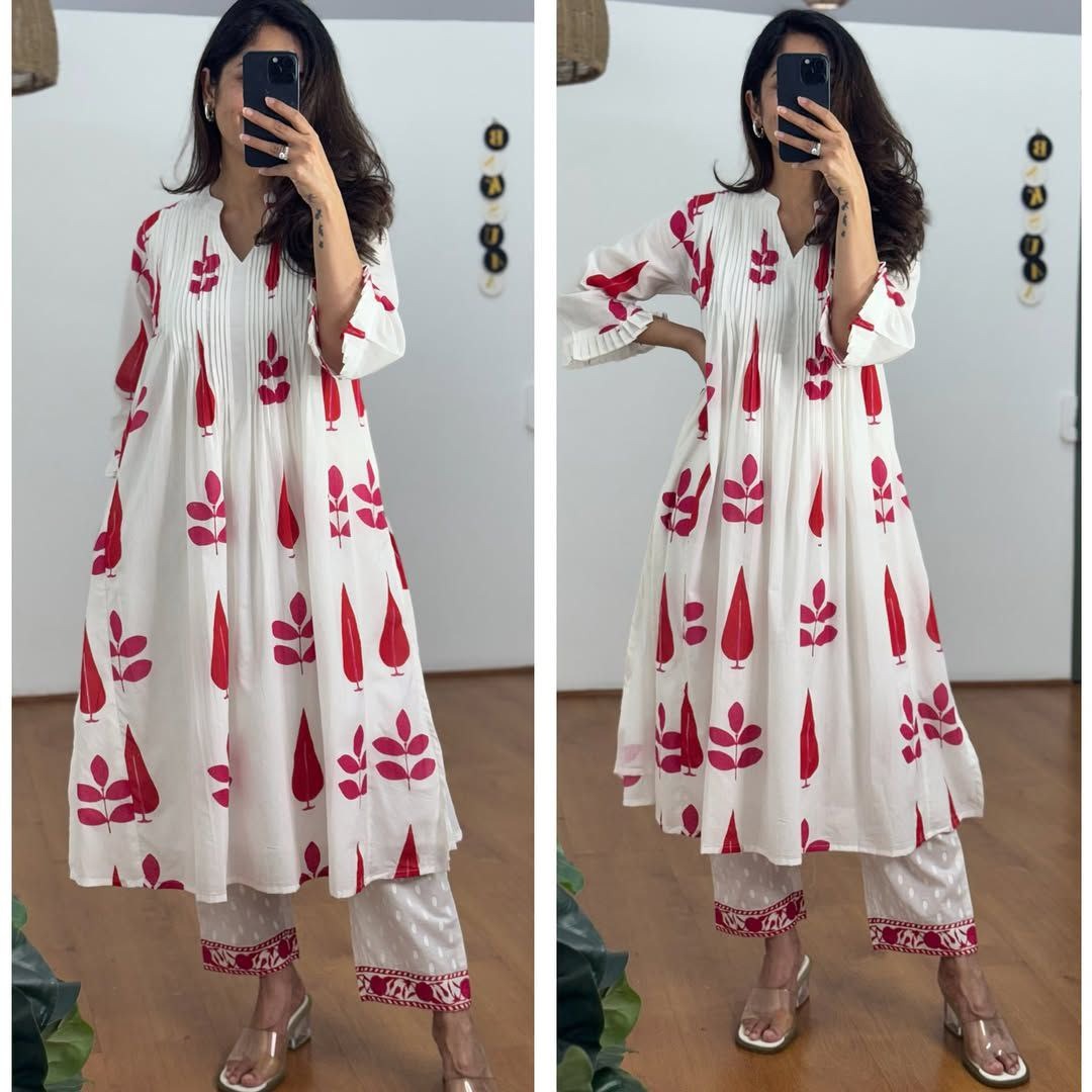 White & Pink Women Block Print Pure Cotton Aline Kurta With Pocket And Pant Best For Summer