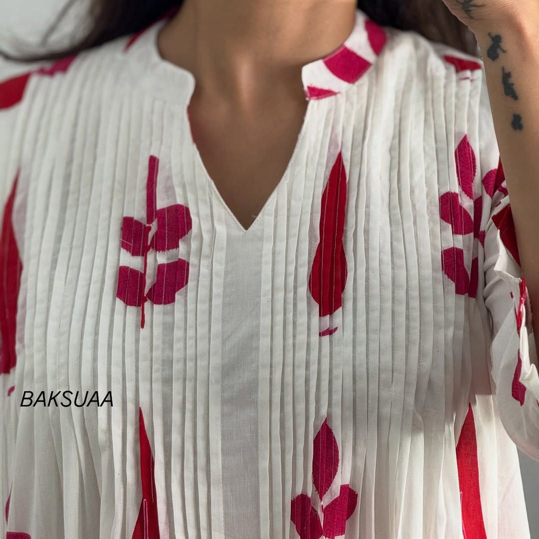 White & Pink Women Block Print Pure Cotton Aline Kurta With Pocket And Pant Best For Summer