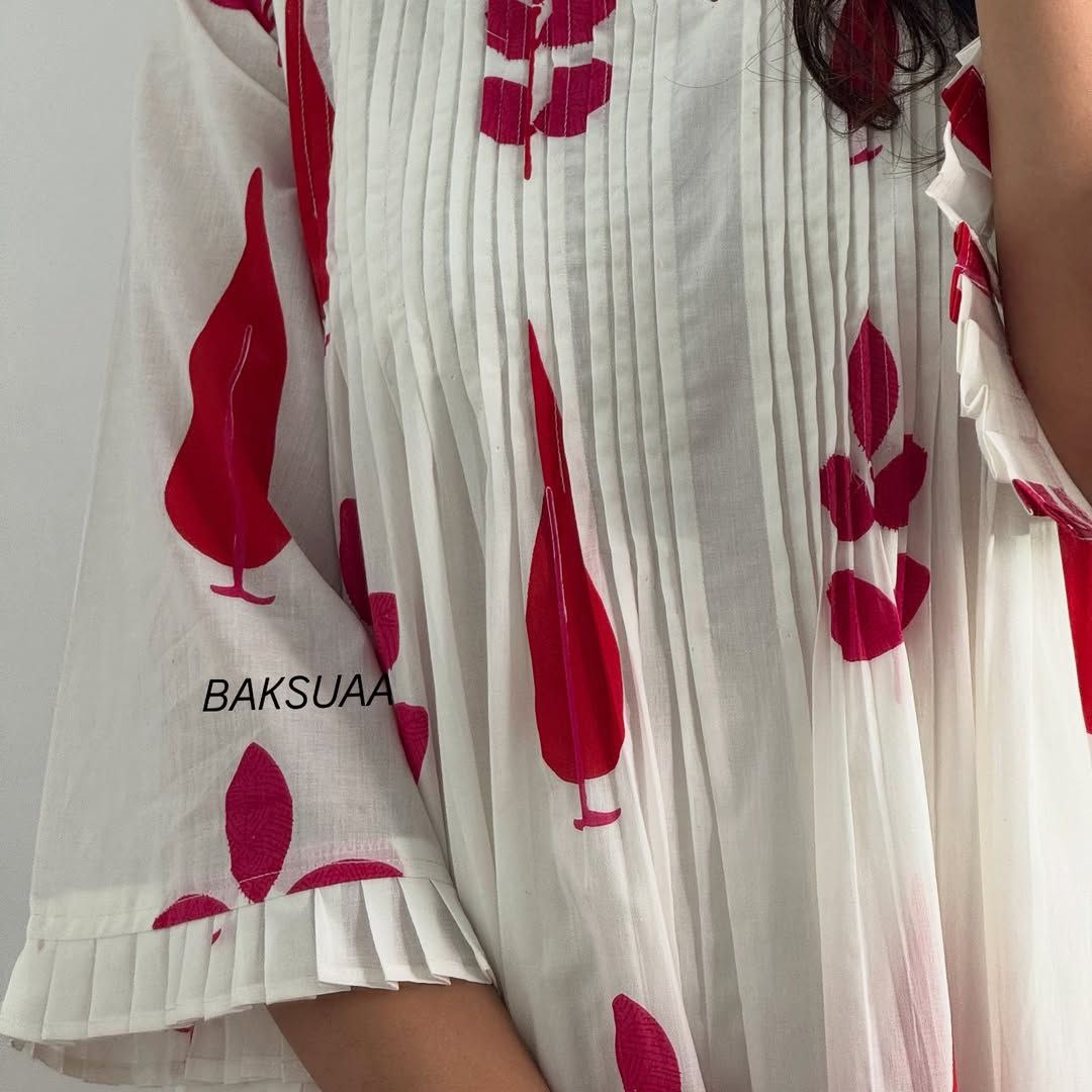White & Pink Women Block Print Pure Cotton Aline Kurta With Pocket And Pant Best For Summer