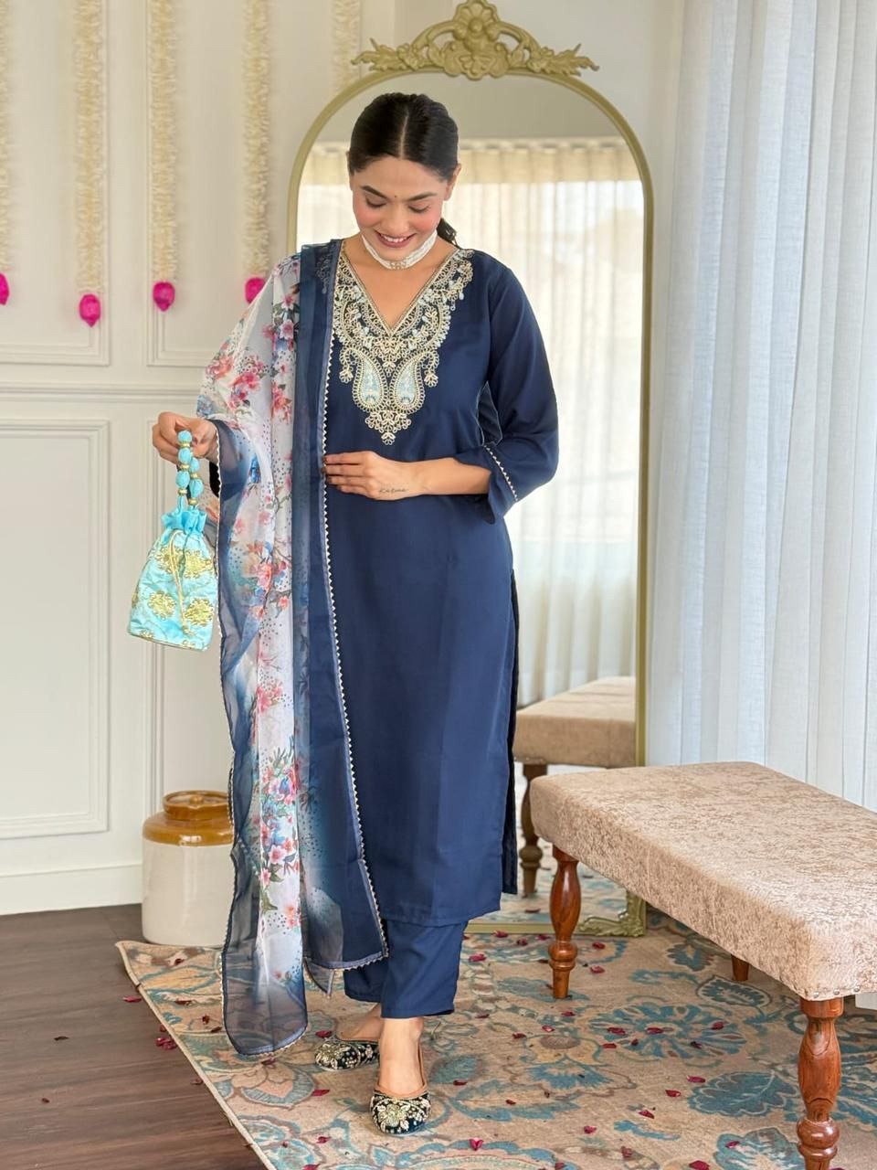 Blue Viscose Traditional Pant Suit With Bandhani Dupatta For Women