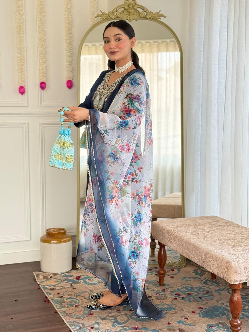Blue Viscose Traditional Pant Suit With Bandhani Dupatta For Women