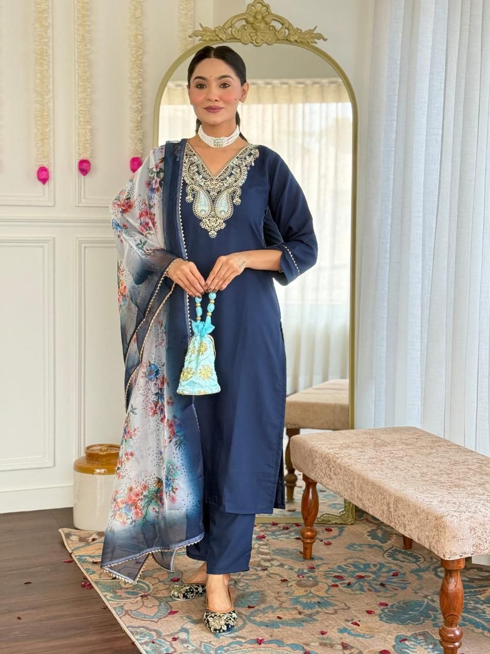 Blue Viscose Traditional Pant Suit With Bandhani Dupatta For Women