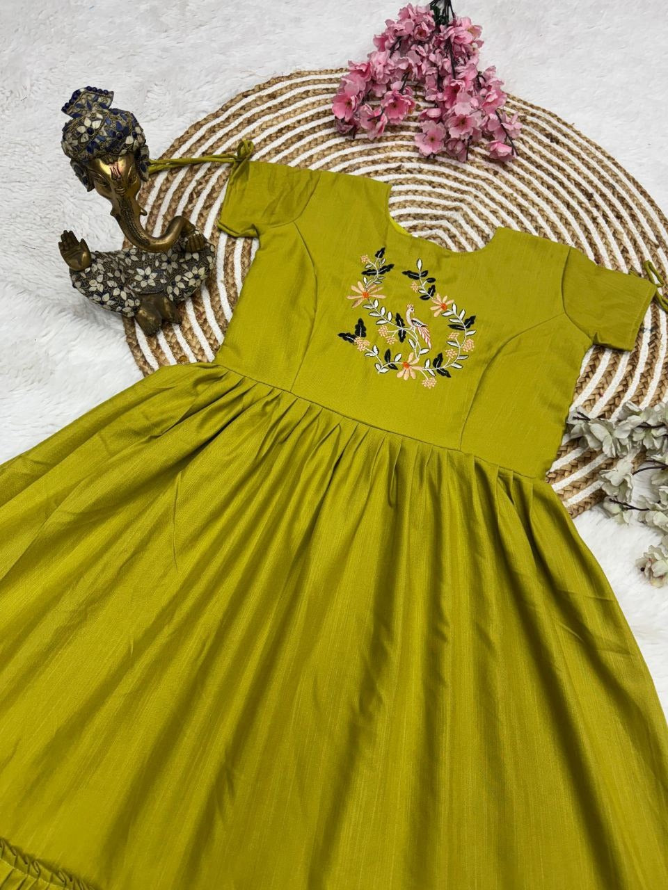 Mustard Yellow Cotton Floral Embroidery Printex Detailing Dress For Women