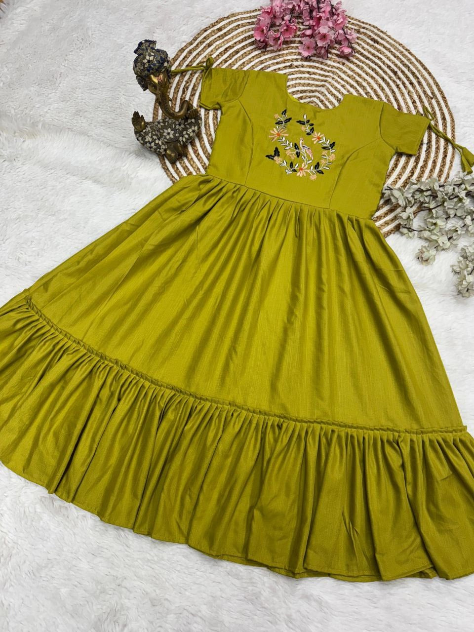 Mustard Yellow Cotton Floral Embroidery Printex Detailing Dress For Women