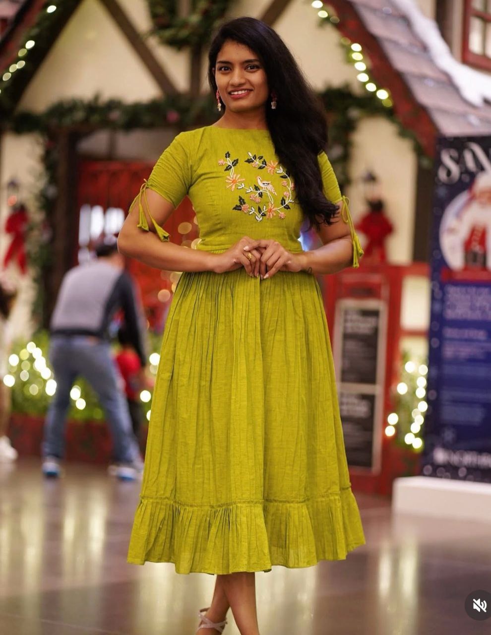 Mustard Yellow Cotton Floral Embroidery Printex Detailing Dress For Women