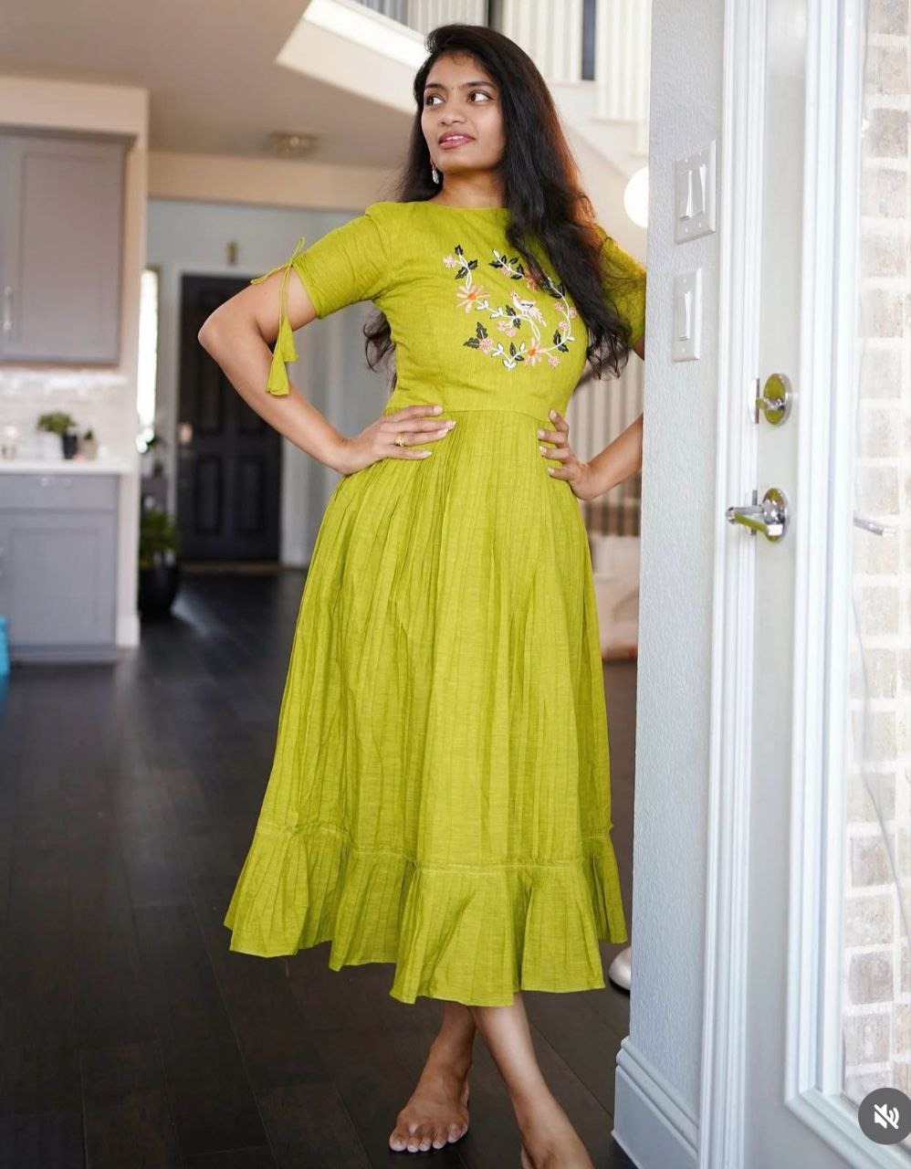 Mustard Yellow Cotton Floral Embroidery Printex Detailing Dress For Women