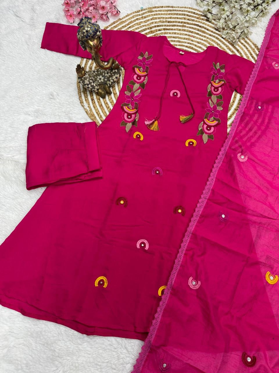 Radiant Magenta Embroidered Kurta Set with Tassel Detailing