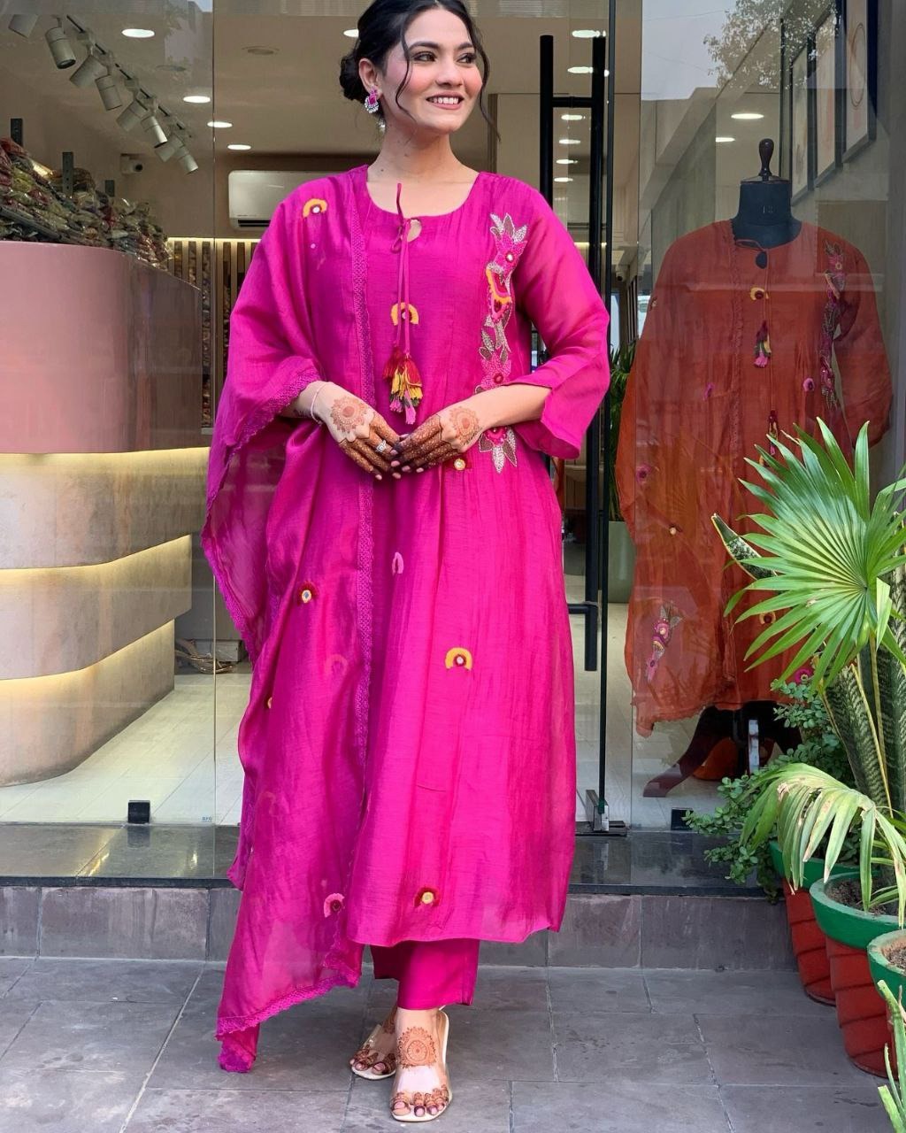 Radiant Magenta Embroidered Kurta Set with Tassel Detailing