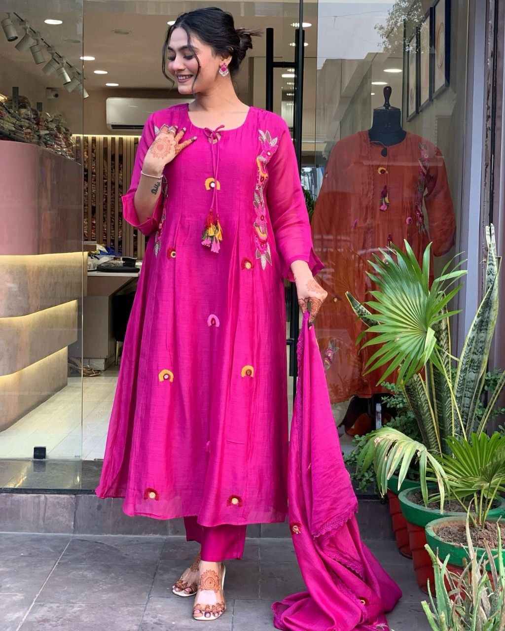 Radiant Magenta Embroidered Kurta Set with Tassel Detailing