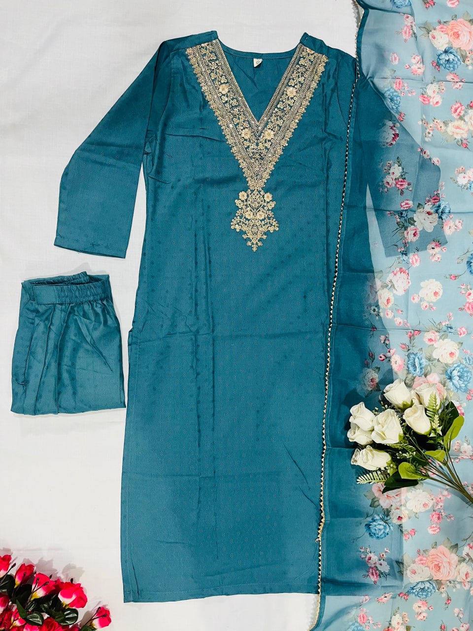 Teal Blue Kurti Pant and dupatta set For Women