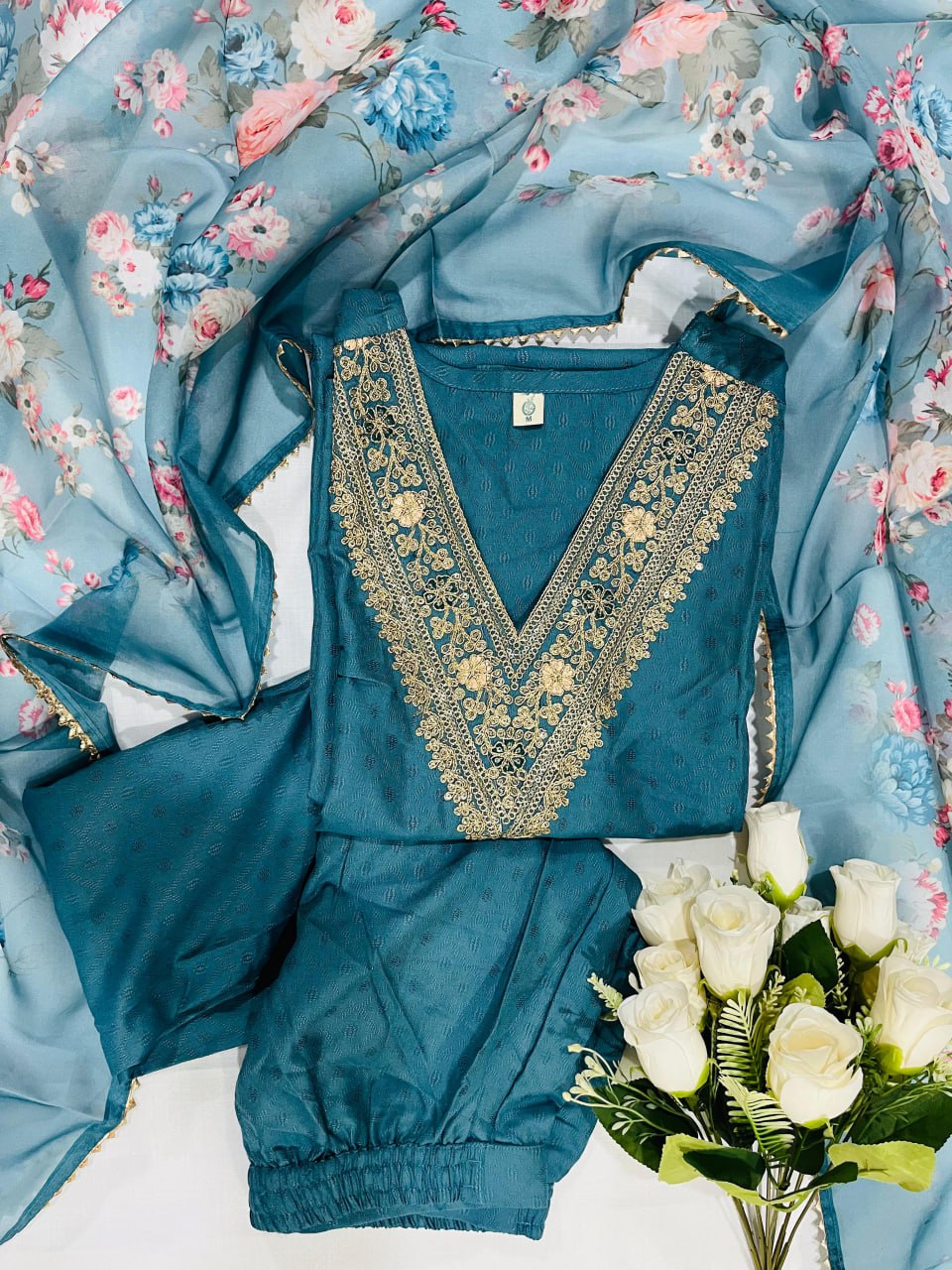 Teal Blue Kurti Pant and dupatta set For Women