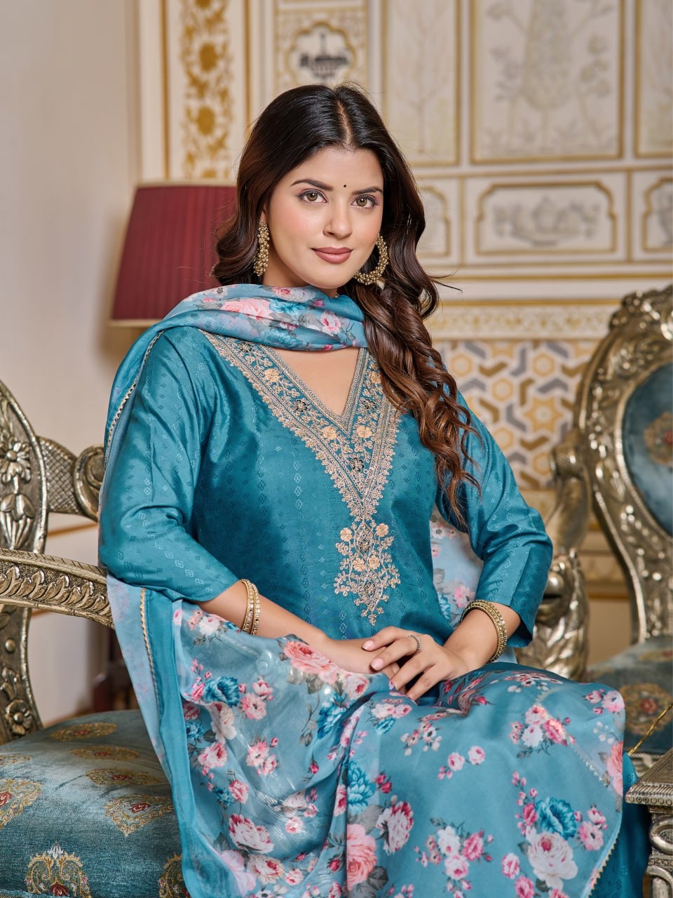 Teal Blue Kurti Pant and dupatta set For Women