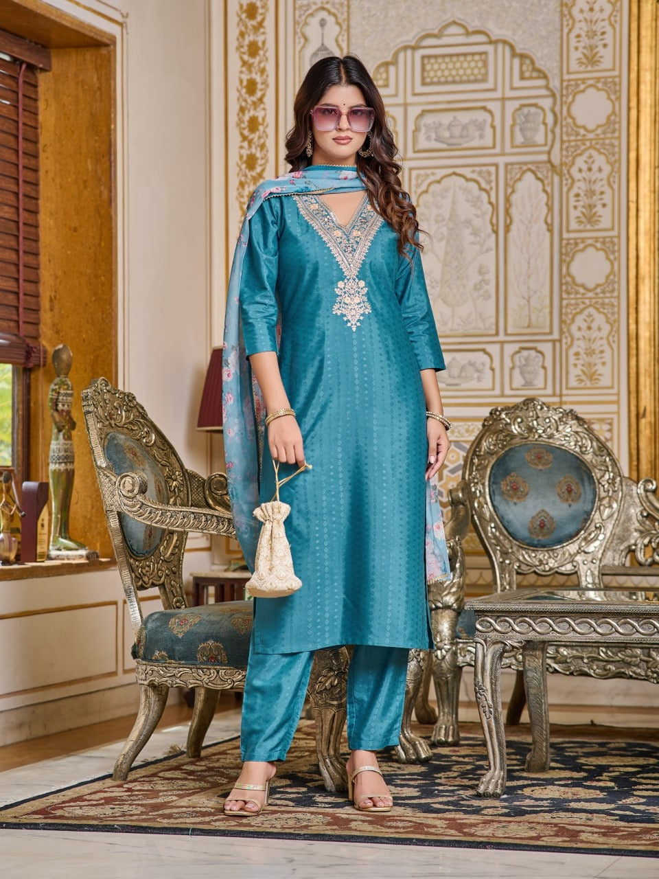 Teal Blue Kurti Pant and dupatta set For Women