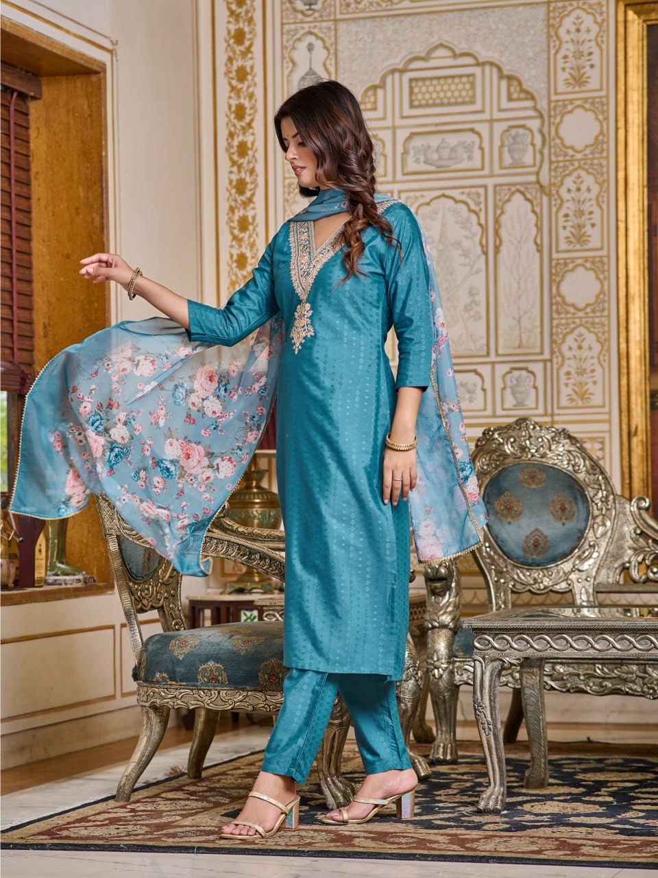 Teal Blue Kurti Pant and dupatta set For Women