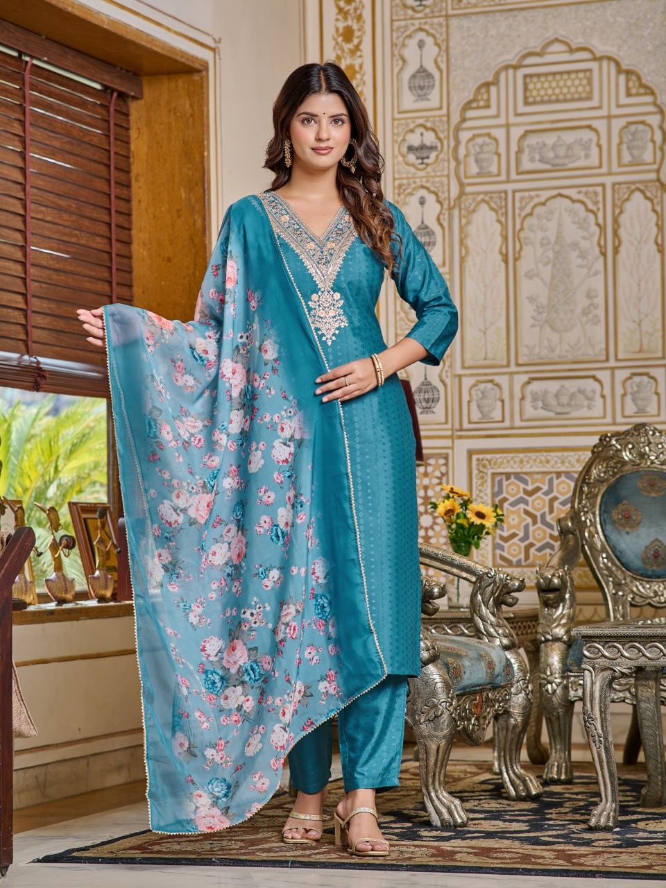 Teal Blue Kurti Pant and dupatta set For Women