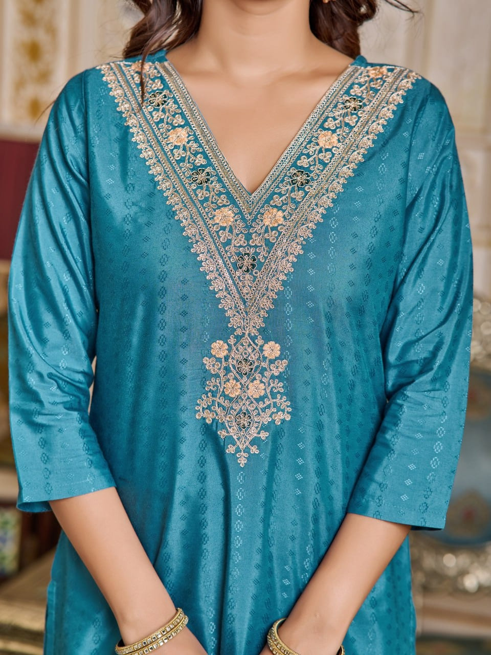 Teal Blue Kurti Pant and dupatta set For Women