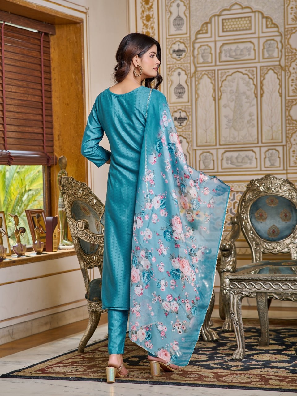 Teal Blue Kurti Pant and dupatta set For Women