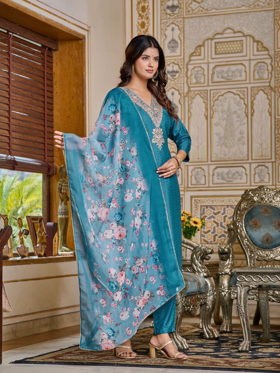 Teal Blue Kurti Pant and dupatta set For Women