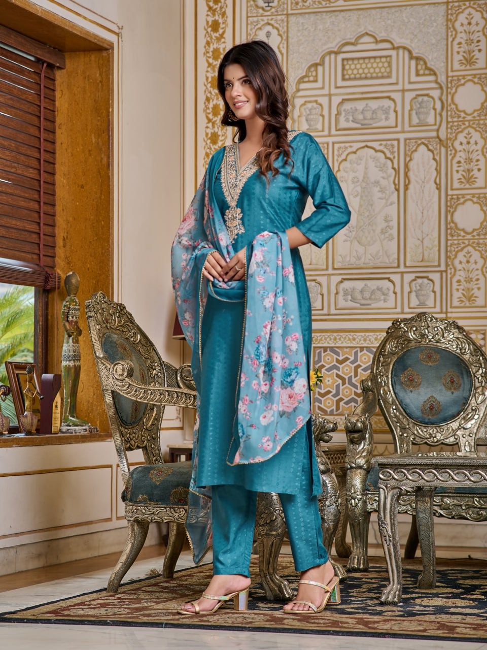Teal Blue Kurti Pant and dupatta set For Women