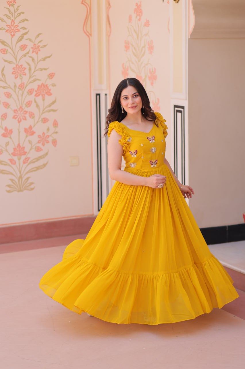 Yellow Floral Embroidered Anarkali Gown Long Gown Sequin Embroidered Anarkali Floral Gown