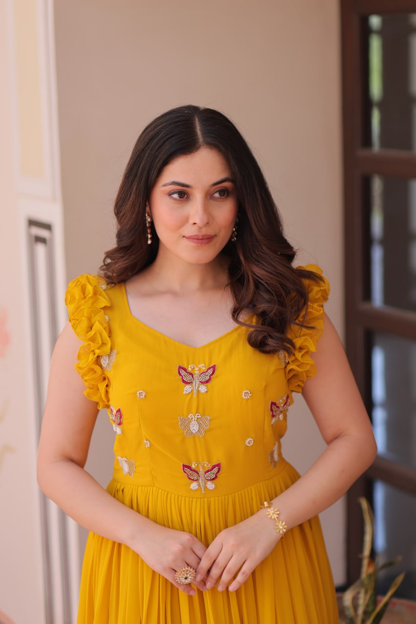 Yellow Floral Embroidered Anarkali Gown Long Gown Sequin Embroidered Anarkali Floral Gown