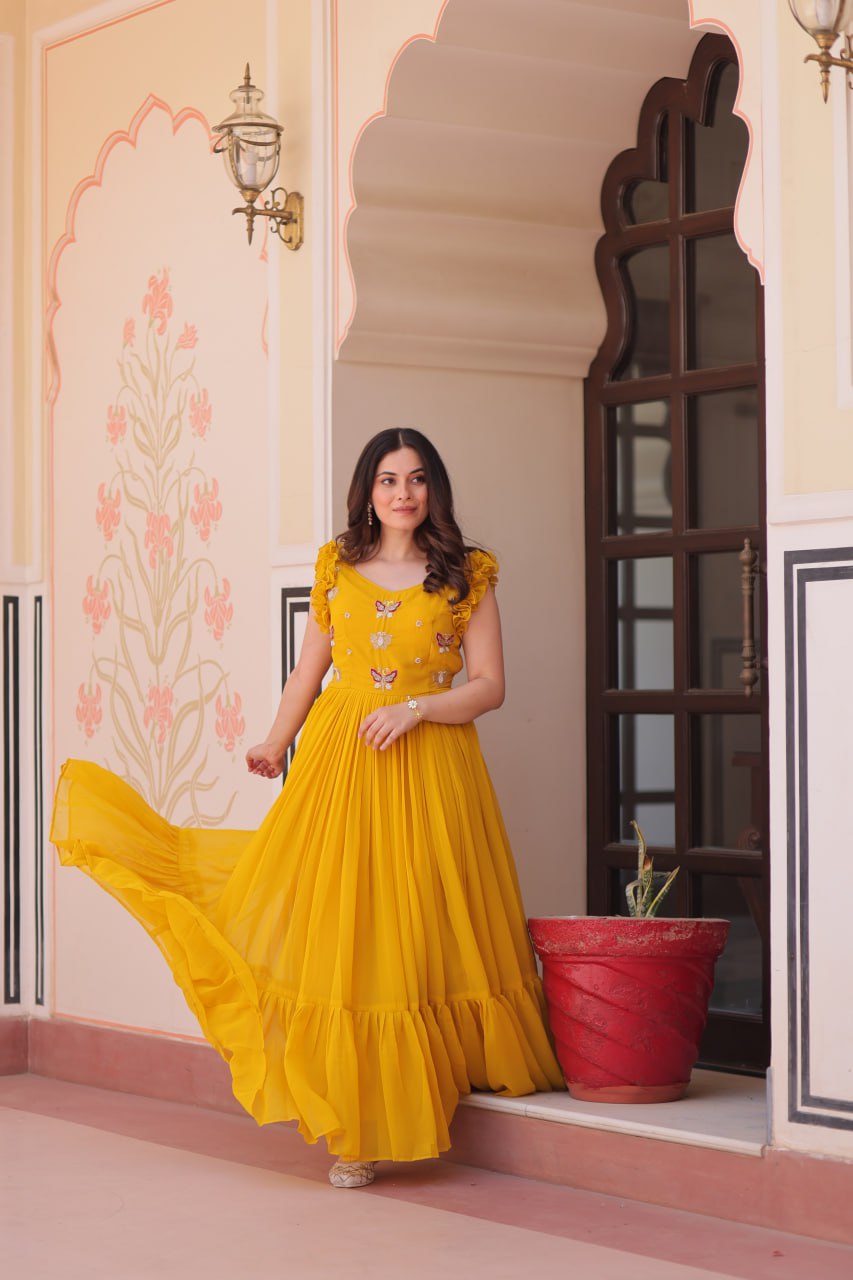 Yellow Floral Embroidered Anarkali Gown Long Gown Sequin Embroidered Anarkali Floral Gown