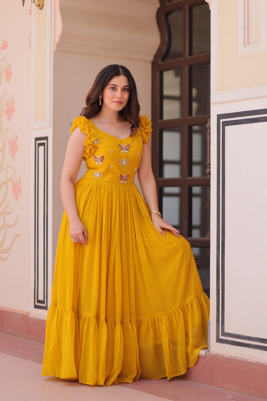 Yellow Floral Embroidered Anarkali Gown Long Gown Sequin Embroidered Anarkali Floral Gown