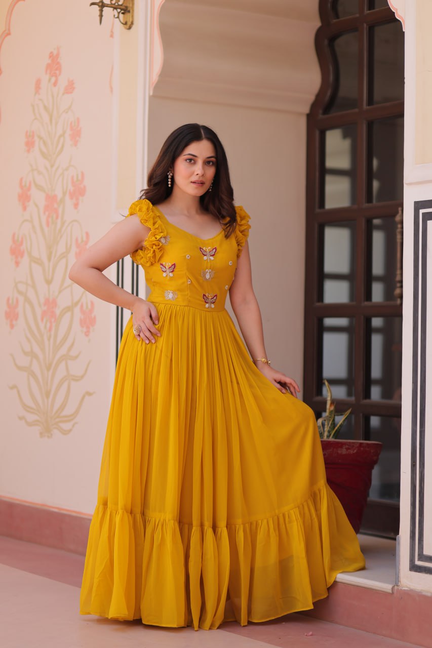 Yellow Floral Embroidered Anarkali Gown Long Gown Sequin Embroidered Anarkali Floral Gown