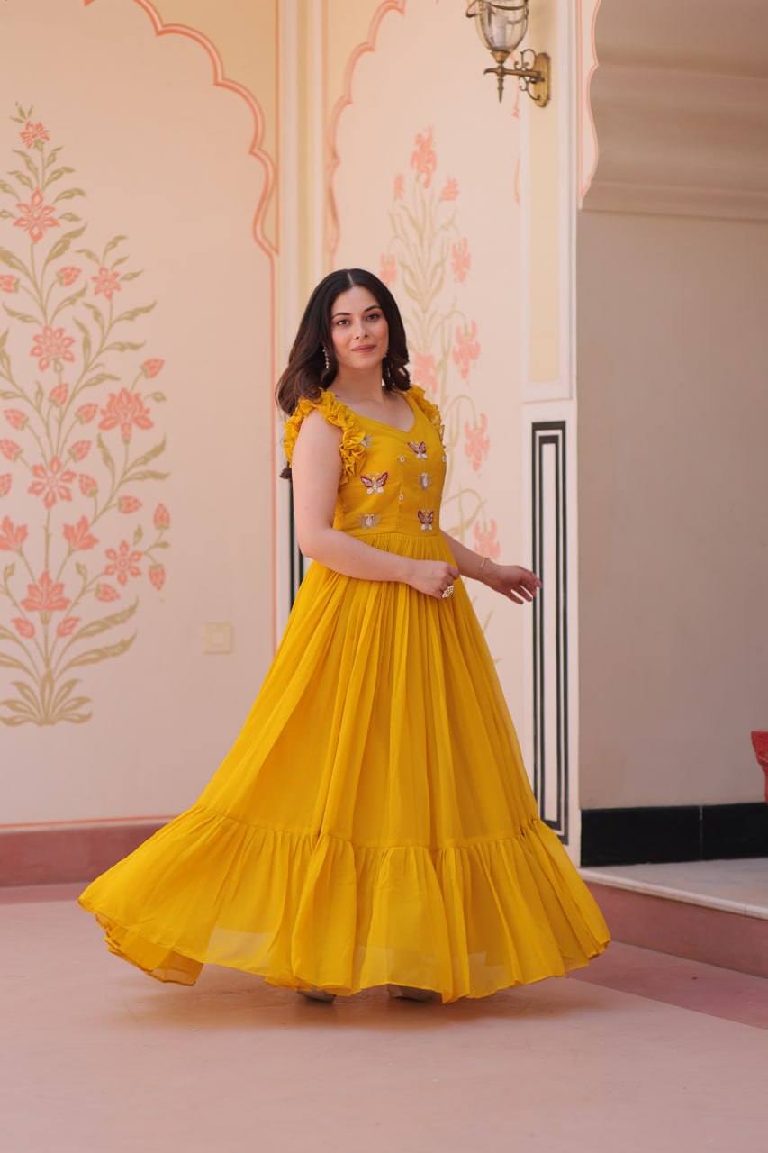 Yellow Floral Embroidered Anarkali Gown Long Gown Sequin Embroidered Anarkali Floral Gown