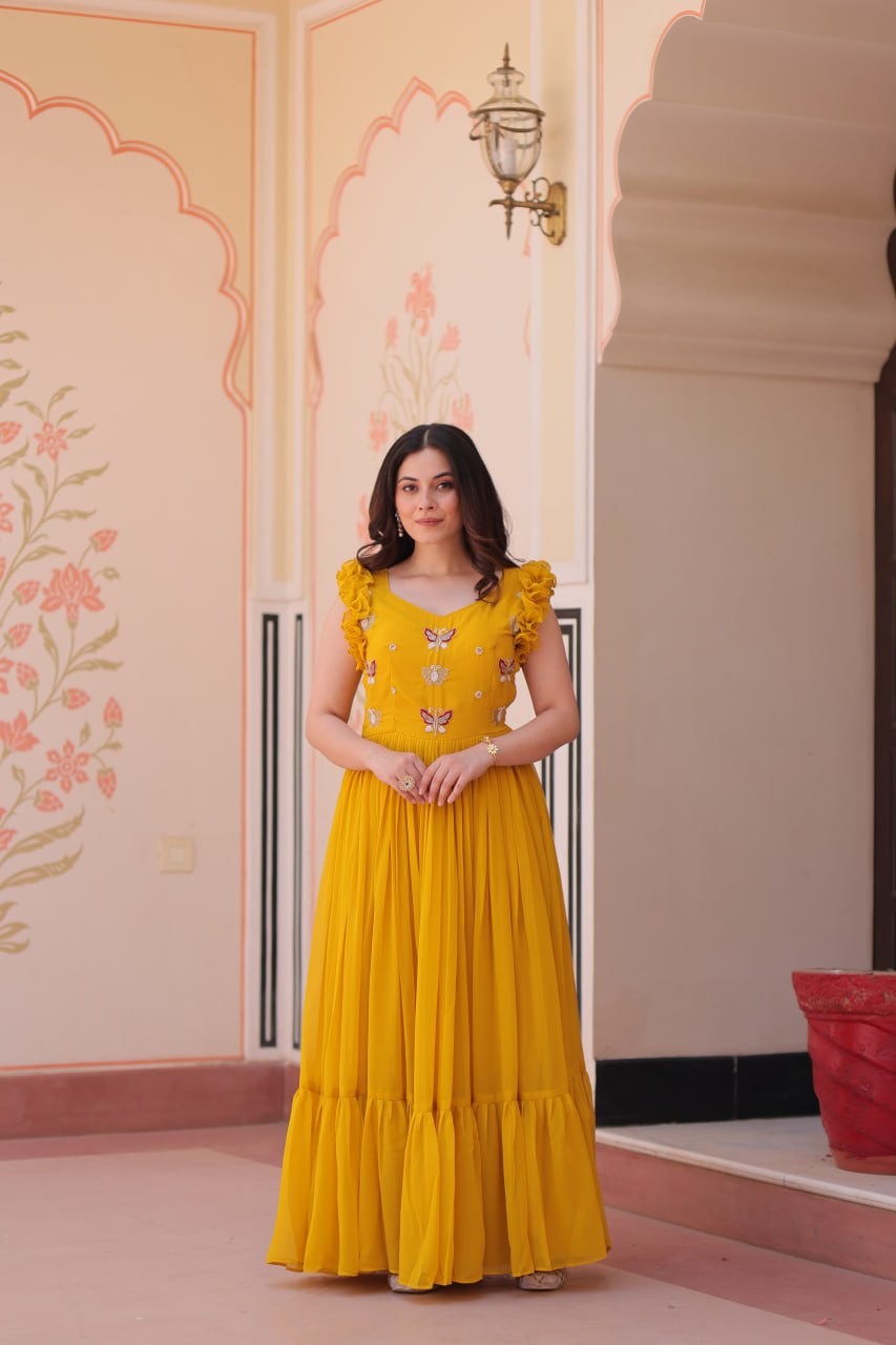 Yellow Floral Embroidered Anarkali Gown Long Gown Sequin Embroidered Anarkali Floral Gown