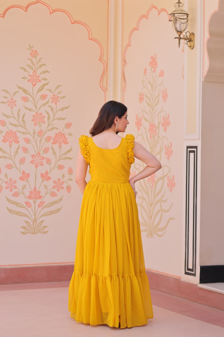 Yellow Floral Embroidered Anarkali Gown Long Gown Sequin Embroidered Anarkali Floral Gown
