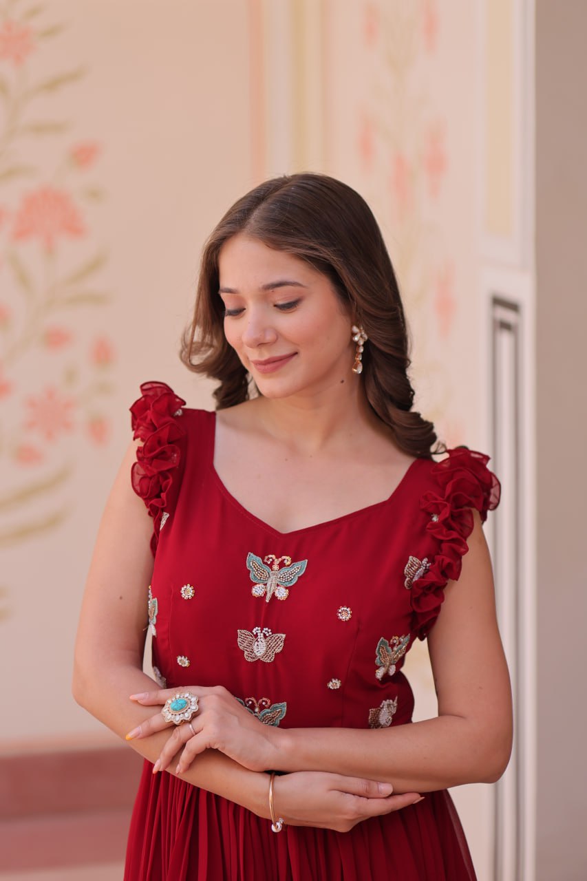 Red Floral Embroidered Anarkali Gown Long Gown Sequin Embroidered Anarkali Floral Gown