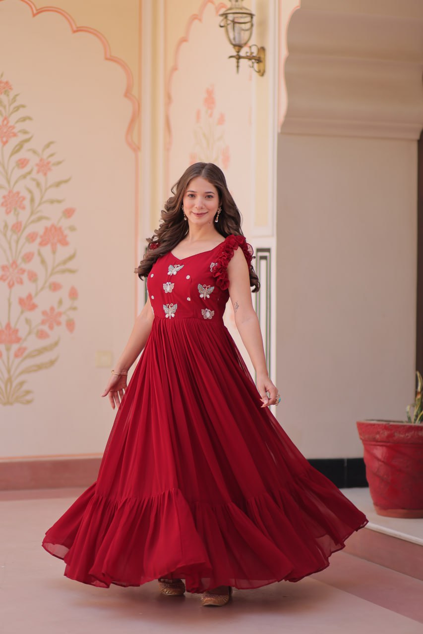 Red Floral Embroidered Anarkali Gown Long Gown Sequin Embroidered Anarkali Floral Gown