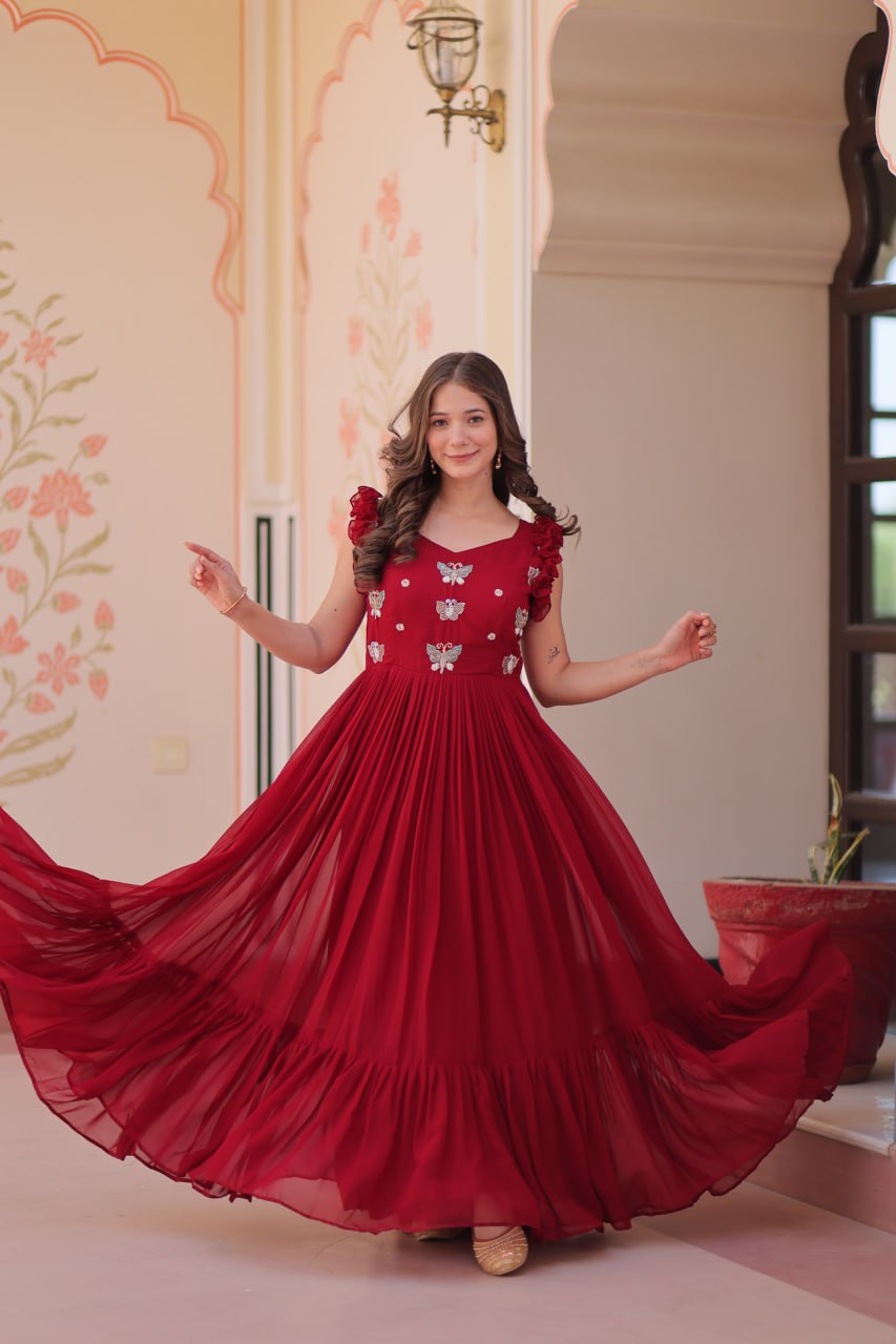 Red Floral Embroidered Anarkali Gown Long Gown Sequin Embroidered Anarkali Floral Gown