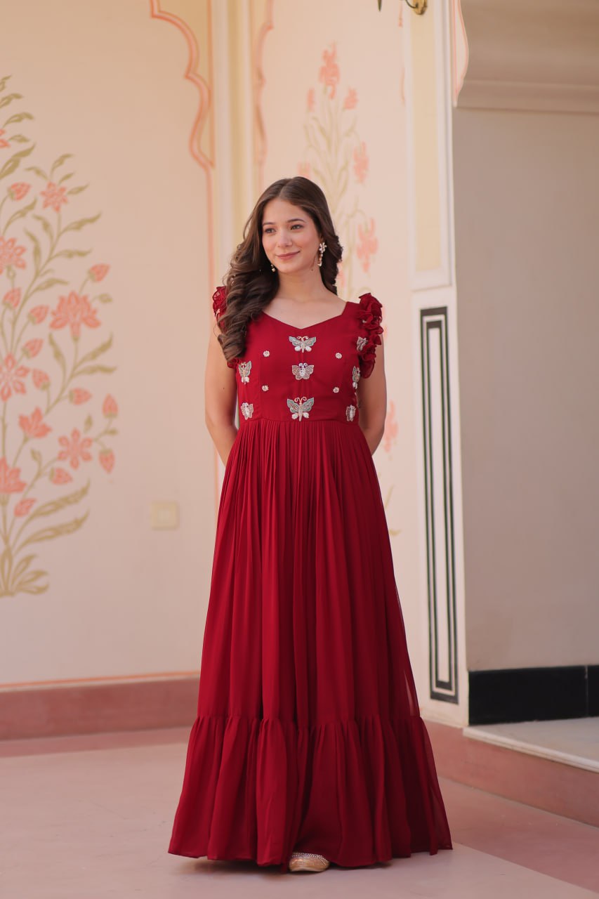 Red Floral Embroidered Anarkali Gown Long Gown Sequin Embroidered Anarkali Floral Gown