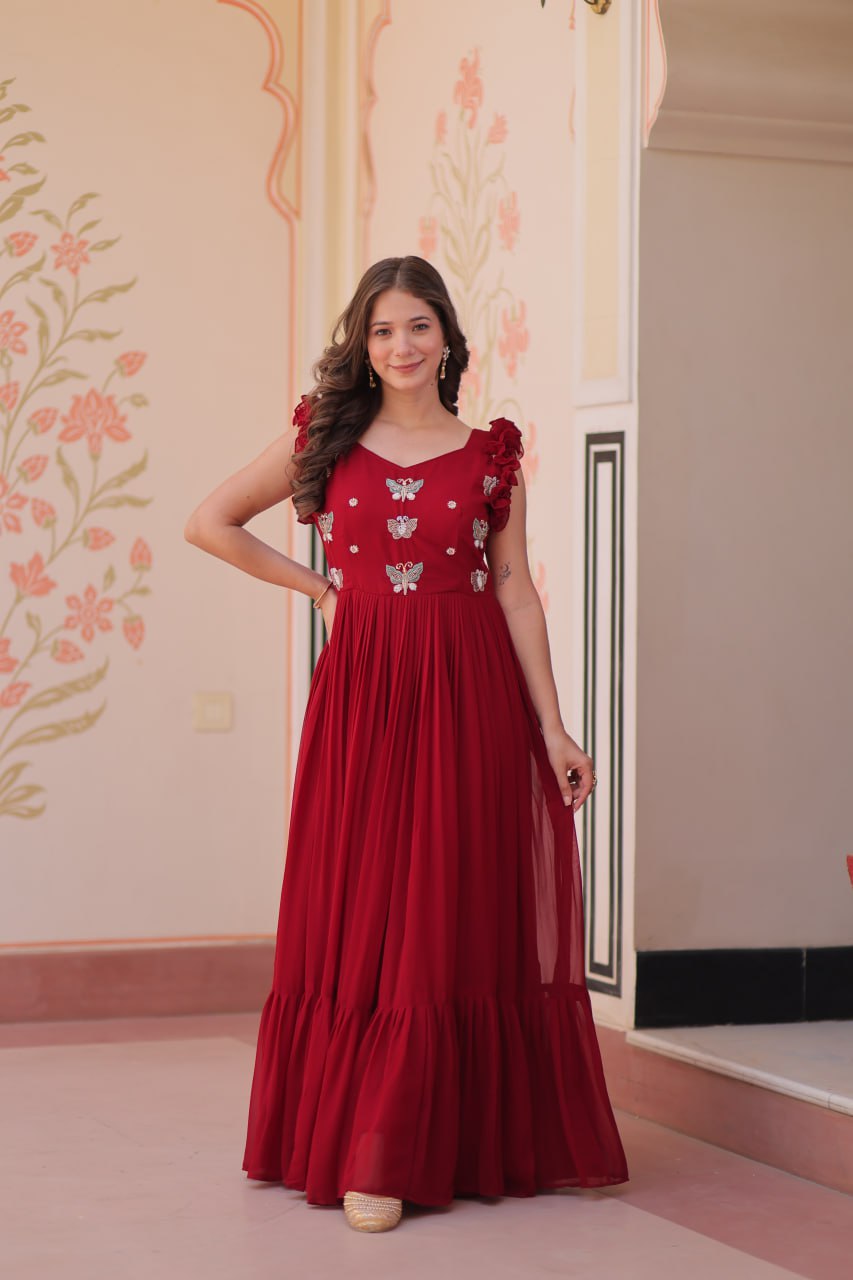 Red Floral Embroidered Anarkali Gown Long Gown Sequin Embroidered Anarkali Floral Gown
