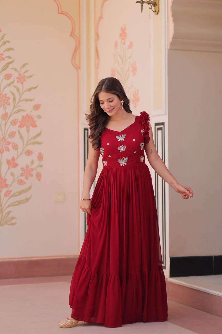 Red Floral Embroidered Anarkali Gown Long Gown Sequin Embroidered Anarkali Floral Gown