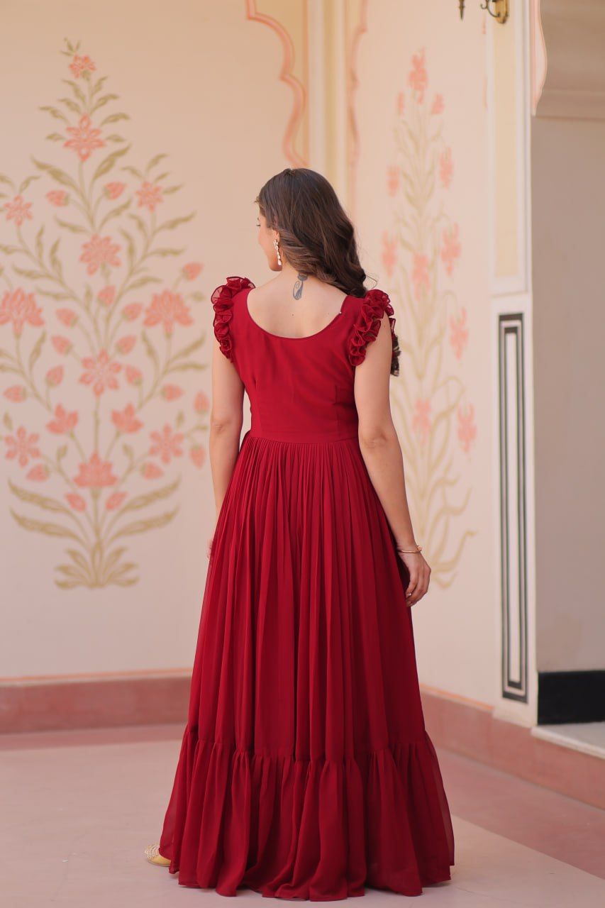 Red Floral Embroidered Anarkali Gown Long Gown Sequin Embroidered Anarkali Floral Gown