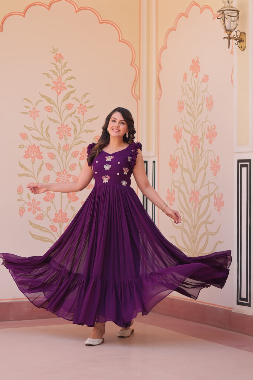 Purple Floral Embroidered Anarkali Gown Long Gown Sequin Embroidered Anarkali Floral Gown