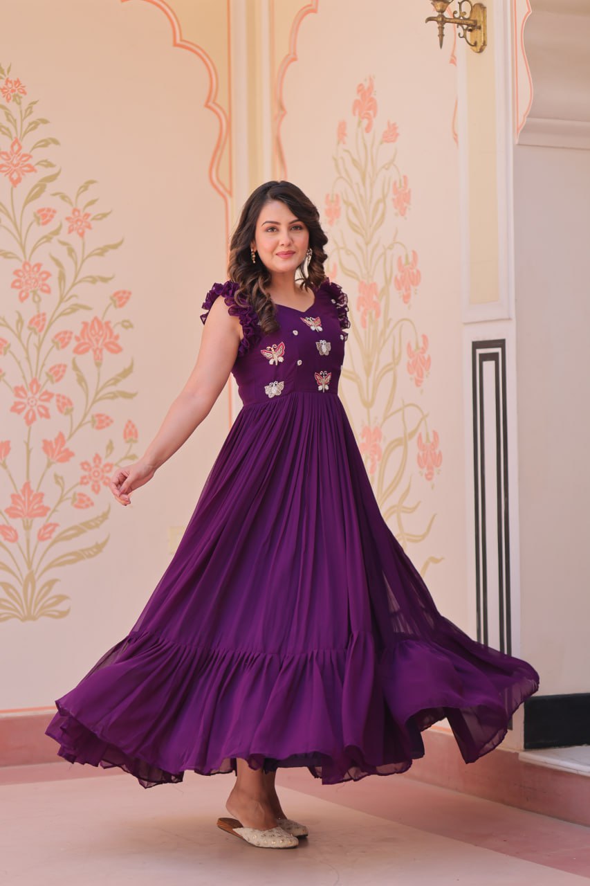 Purple Floral Embroidered Anarkali Gown Long Gown Sequin Embroidered Anarkali Floral Gown