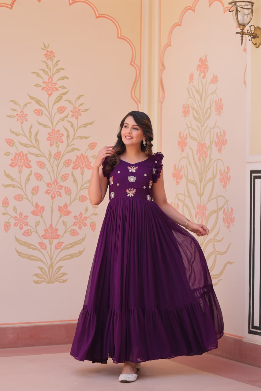 Purple Floral Embroidered Anarkali Gown Long Gown Sequin Embroidered Anarkali Floral Gown