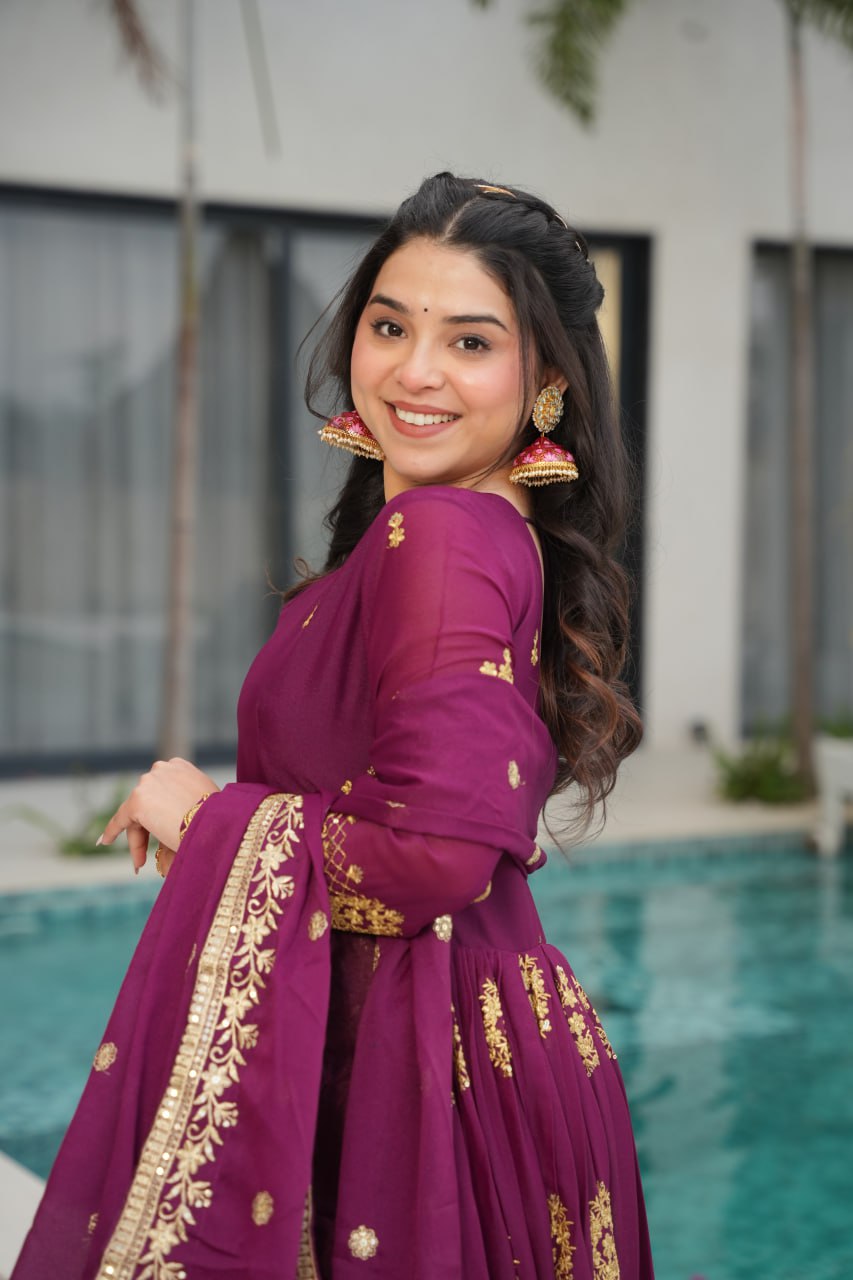 Purple Lunching New Trending Collection Ready To Wear In Embroidery And Sequins Work Beautiful Gown With Heavy Dupatta