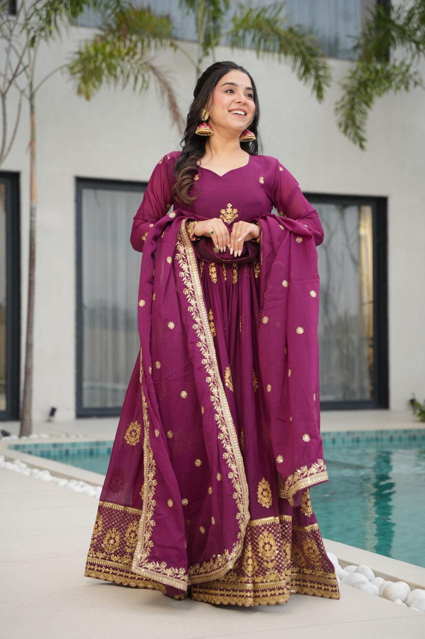 Purple Lunching New Trending Collection Ready To Wear In Embroidery And Sequins Work Beautiful Gown With Heavy Dupatta