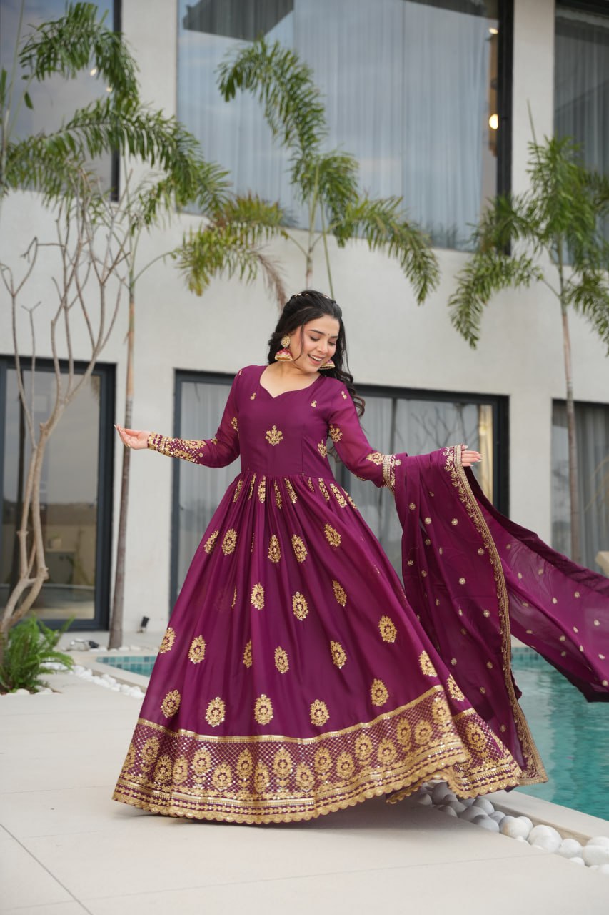 Purple Lunching New Trending Collection Ready To Wear In Embroidery And Sequins Work Beautiful Gown With Heavy Dupatta