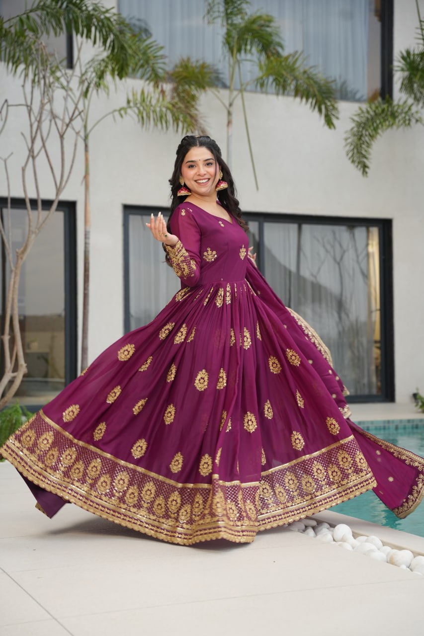 Purple Lunching New Trending Collection Ready To Wear In Embroidery And Sequins Work Beautiful Gown With Heavy Dupatta