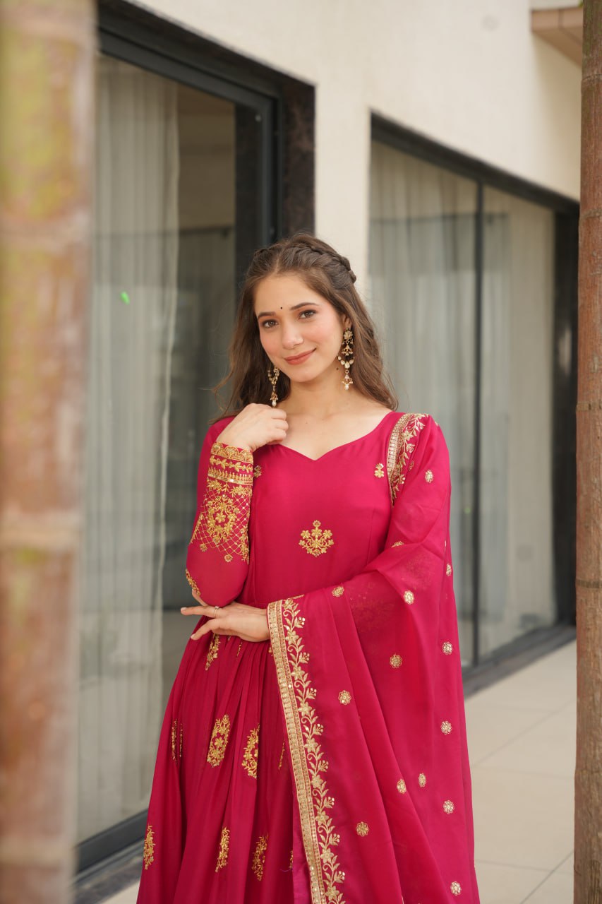Red Lunching New Trending Collection Ready To Wear In Embroidery And Sequins Work Beautiful Gown With Heavy Dupatta