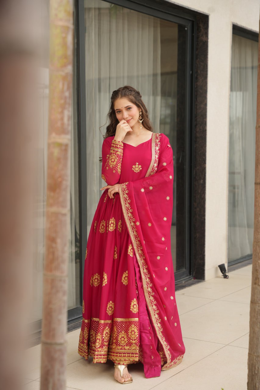 Red Lunching New Trending Collection Ready To Wear In Embroidery And Sequins Work Beautiful Gown With Heavy Dupatta