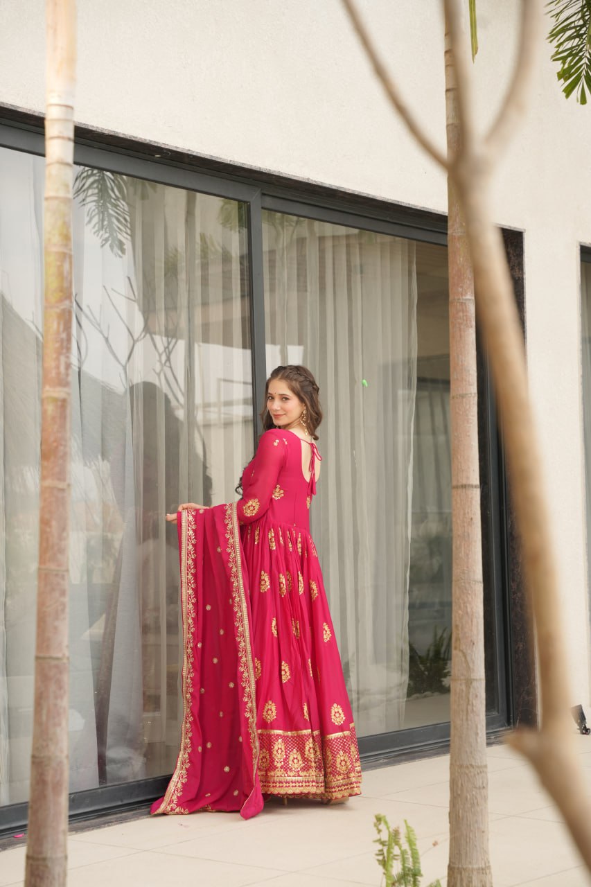 Red Lunching New Trending Collection Ready To Wear In Embroidery And Sequins Work Beautiful Gown With Heavy Dupatta